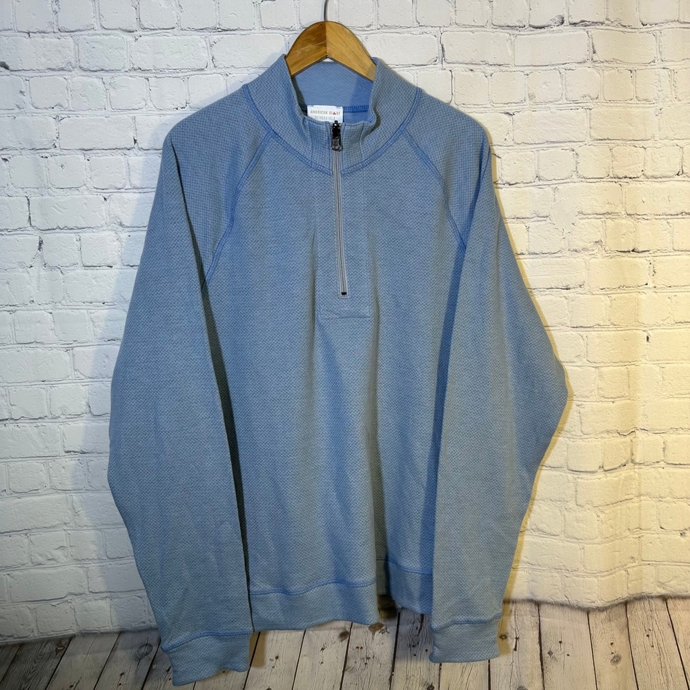 American Giant Mens Reversible Quarter Zip Pullover Blue Herringbone Large‎ USA